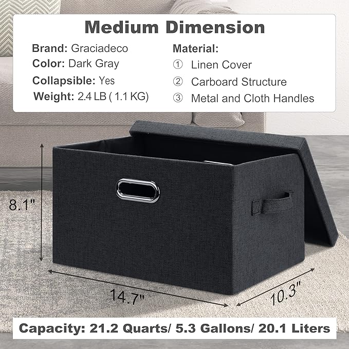 Graciadeco Medium 15" 21 Quart Collapsible Stackable Storage Bins with Lids, 3 Packs Dark Grey Foldable Fabric Closet Boxes Heavy-duty Linen Cube Baskets Container for Bedroom Office (15 x 11 x 8) | 21 Quart 3 Pack Dark Gray Collapsible Stackable Linen...