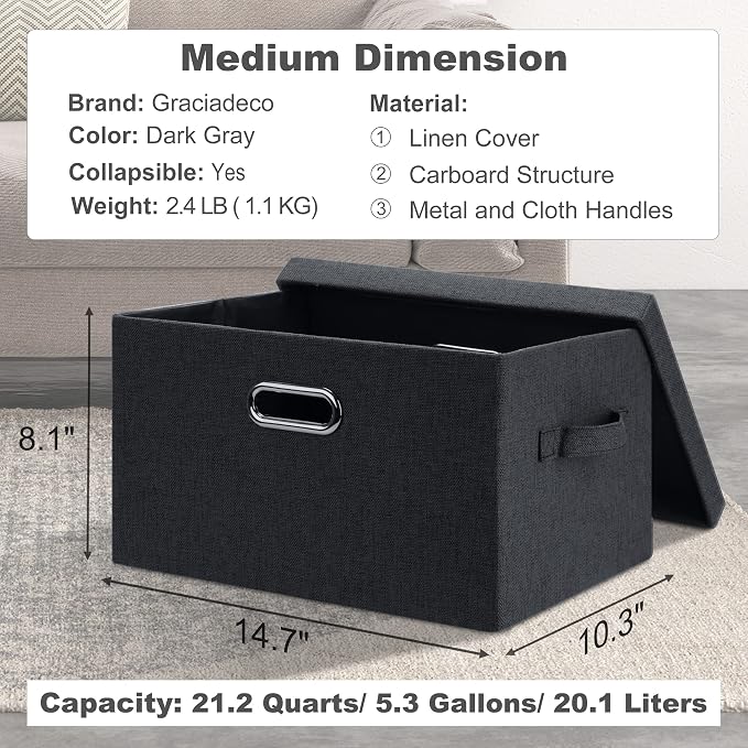 Graciadeco Medium 15" 21 Quart Collapsible Stackable Storage Bins with Lids, 5 Packs Dark Gray Foldable Fabric Closet Storage Boxes with Lids, Lidded Heavy-duty Linen Baskets(15x11x8) | 21 Quart 5 Pack Dark Gray Collapsible Stackable Linen Fabric 4 Han...