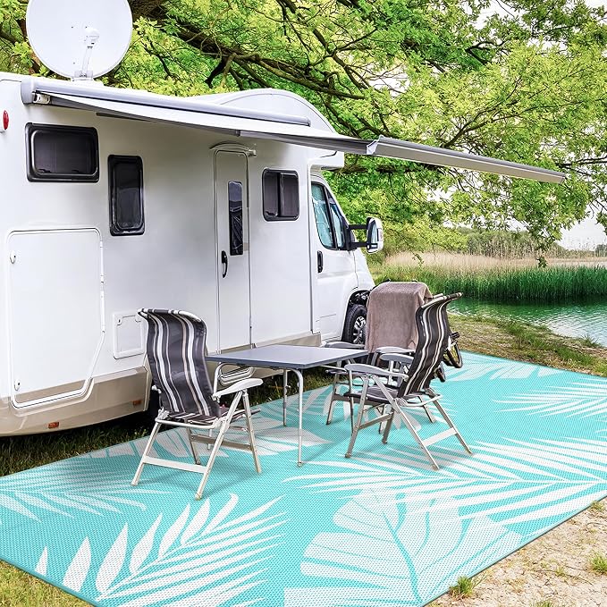 GENIMO Outdoor Rug, Waterproof Plastic Rugs 10'x14' for Camping Navy White | Outside Larger Leaf Carpet Mat for Porch Decor, Deck, Camping, RV, Backyard, Balcony, Picnic, Beach, Reversible, Foldable