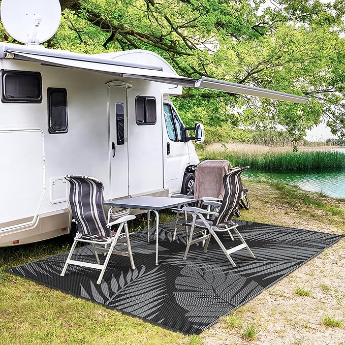 GENIMO Outdoor Rug, Waterproof Plastic Rugs for Patio, 4'x6' Black Grey | Outside Larger Leaf Carpet Mat for Porch Decor, Deck, Balcony, Camping, RV, Backyard, Picnic, Beach, Reversible, Foldable