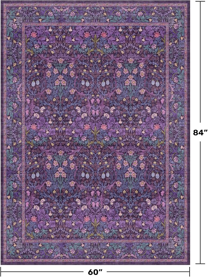 Washable Violet 5x7 Area Rug for Living Room, Vintage Dark Purple Dining Room Rugs for Under Table, Boho Foldable Low Pile Soft Carpet, Stain Resistant & Traditional Plum Floral Design