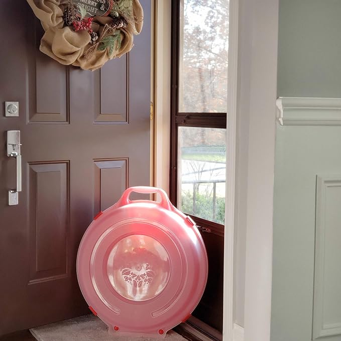 HOMZ Set of 3 Holiday Wreath Plastic Storage Containers, Holds Up to 24” Diameter, Secure Latching Lid and Easy Grip Handle, Stackable and Nestable, Red/Clear | Stackable Seasonal Decoration Organizer Bins with Lids and Handles for Christmas Wreaths an...