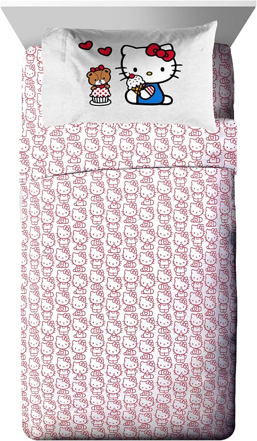 Sanrio Hello Kitty Twin Comforter Set 5 Piece Bedding for Girls, Grey | Bed in a Bag, Comforter Sheets Sham Pillowcase, Official Product, Soft Microfiber, Machine Washable, Easy Care, Girls Gift