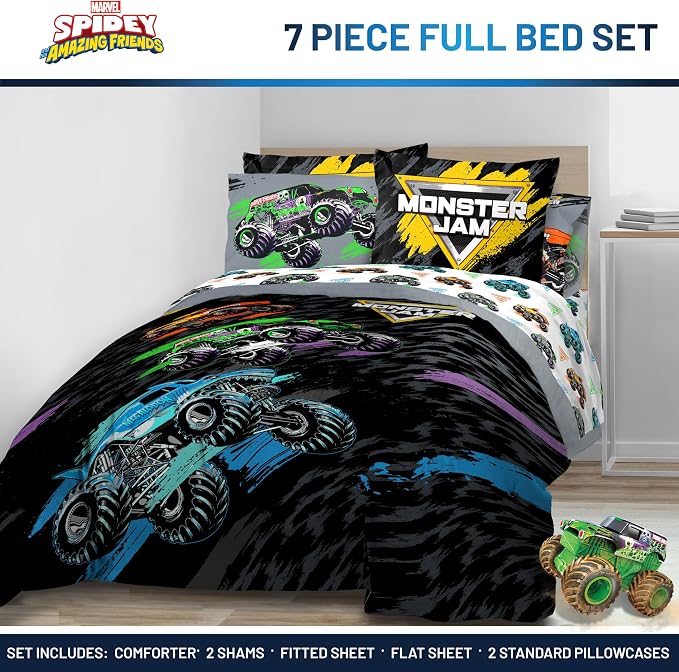 Monster Jam Trucks Full Size Comforter Set 7 Piece Kids Bedding, Black | Grave Digger Megalodon, Comforter Sheets Shams Pillowcases, Official Product, Soft Microfiber, Machine Washable, Boys Gift