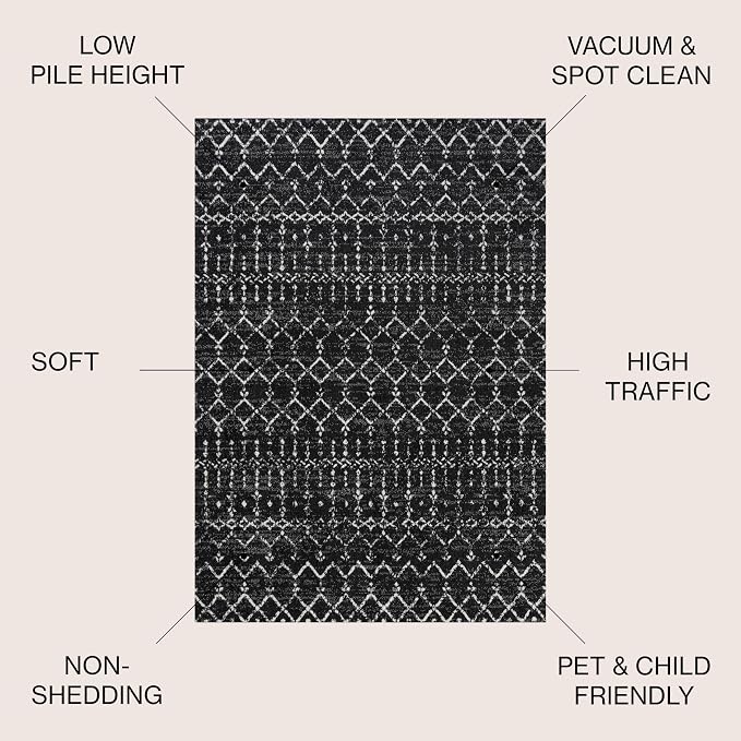 JONATHAN Y Boho Vintage Diamond Black/Ivory Indoor Area Rug 8X10 ft, Moroccan Hype for Living Room, Bedroom, Kitchen, Office, Easy-Cleaning, High Traffic, Pet-Friendly, Non-Shedding (MOH101D-8)