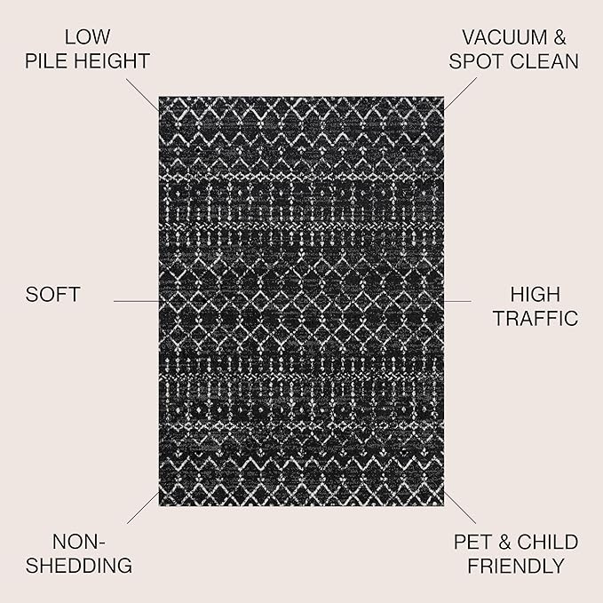 JONATHAN Y Boho Vintage Diamond Black/Ivory Round Area Rug 8 ft, Moroccan Hype for Living Room, Bedroom, Kitchen, Office, Easy-Cleaning, High Traffic, Pet-Friendly, Non-Shedding (MOH101D-8R)