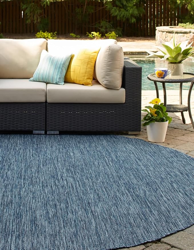 Unique Loom Collection Casual Transitional Solid Heathered Indoor/Outdoor Flatweave Area Rug (5' 1" Round, Blue/Navy Blue)