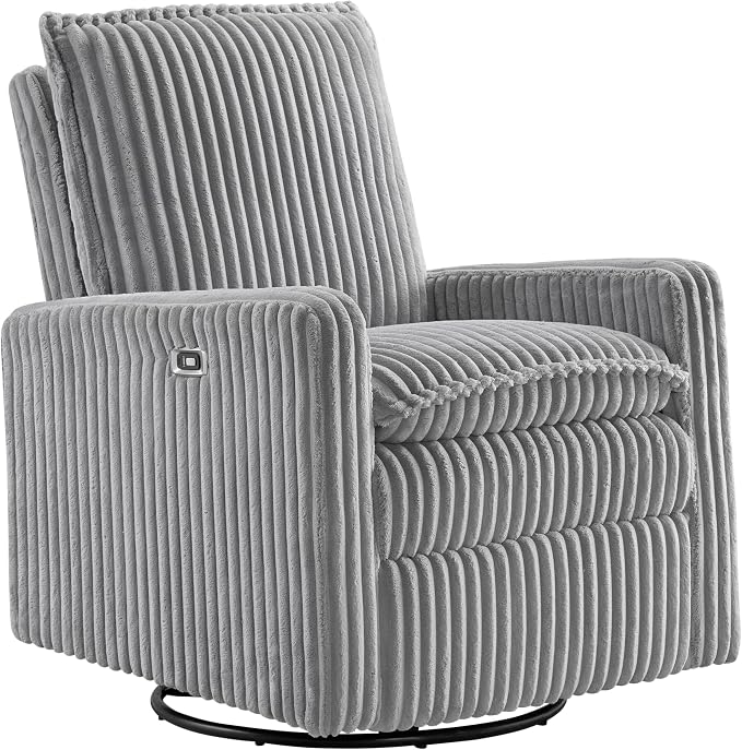 Oxford Baby Uptown Power Upholstered Glider Recliner Rocking Chair 270° Swivel for Nursery and Living Room – Corduroy Ash Gray, Green Guard Gold Certified