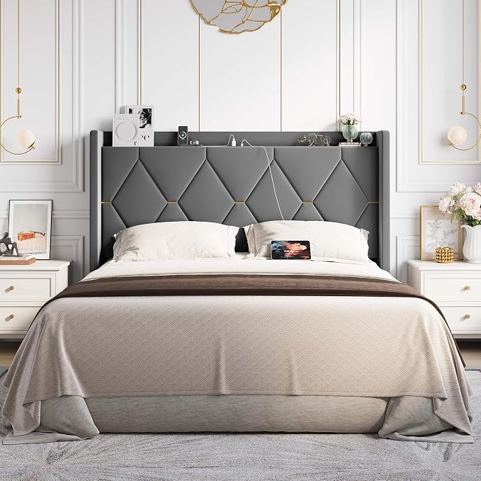 Allewie Full Size Bed Frame with Storage Headboard & Charging Station | Diamond Tufted Design & Gold Trim, Velvet Upholstered Platform Bed, No Box Spring Needed, Easy Assembly, Noise-Free, Grey