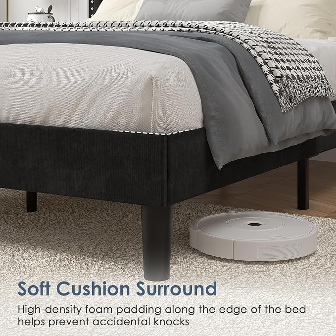VECELO King Bed Frame with Rivet-Tufted Headboard & Footboard, Upholstered Platform Bed with Wood Slats Support, No Box Spring Needed, Noise-Free, Easy Assembly, Black