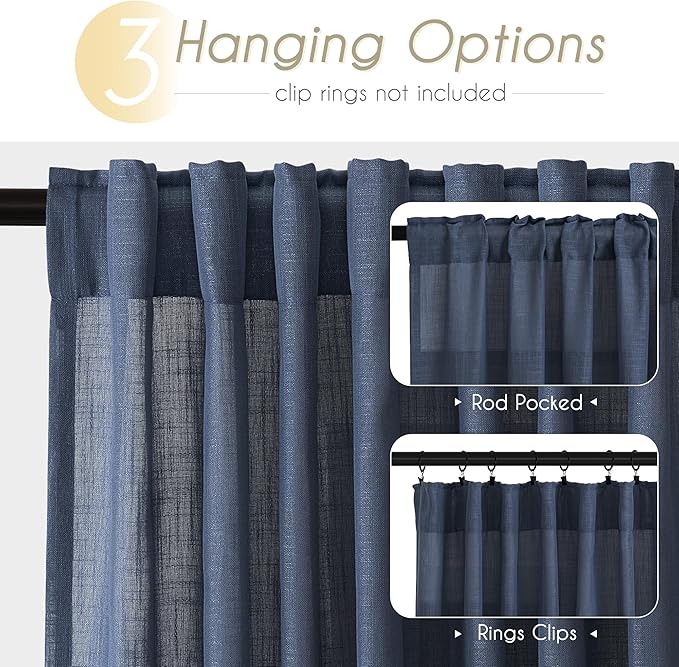 Navy Blue Curtains 84 inch Length for Bedroom Back Tab Light Filtering Semi Sheer Blue Living Room Curtains Linen Cotton Textured Indigo Blue Drapery Panel Modern Aesthetic Decor 60" Wx84 L