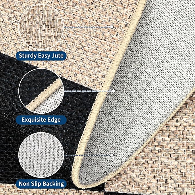 GarveeHome Checkered Easy Jute 3x5 Entryway Rug Machine Washable Outdoor Patio Rug Non-Slip Backing Checkerboard Black Indoor Outdoor Carpet for Hallway Bathroom Kitchen Bedroom