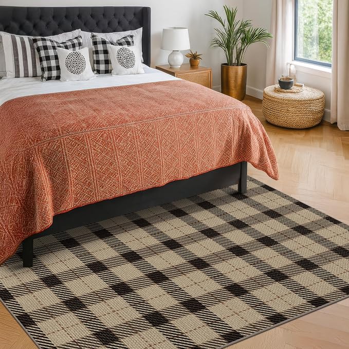 Easy Jute Area Rug 5x7, Washable Indoor Outdoor Plaid Rug for Living Room, Patio, Entryway, Bedroom, Farmhouse Non Slip Black & Tan Rug