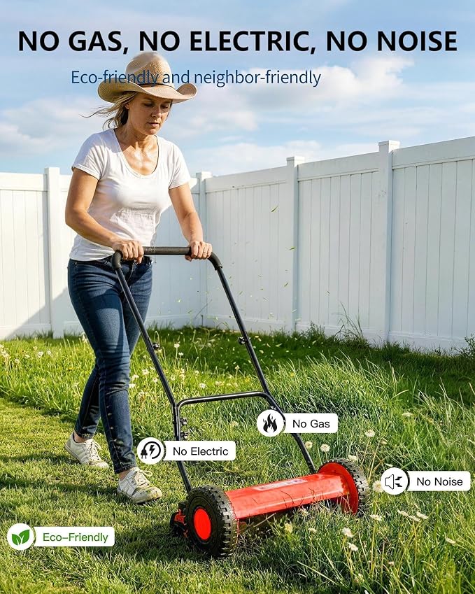 PeakPursuit Manual Push Reel Lawn Mower – 14-Inch 5-Blade, Adjustable Cutting Height, Lightweight, Quiet Operation, Compact Storage, Easy Assembly, Perfect for Small to Medium Yards – Red