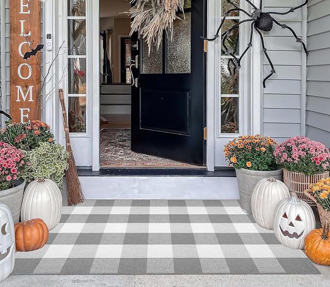 Grey and White Plaid Rug 27.5''x 43.3''Buffalo Checkered Outdoor Layered Door Mat Cotton Woven Machine Washable Farmhouse Mat for Indoor,Outdoor, Kitchen, Farmhouse, Entryway,Bathroom