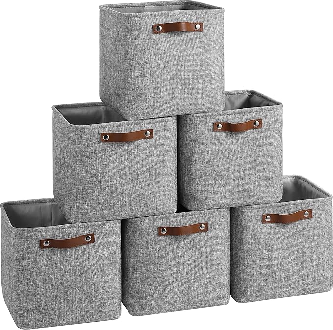 FinishingBo 11 inch Cube Storage Bin 6 Pack, Cube Organizer Bins | Fabric Storage Bins With Handles, 11x11 Storage Cubes, Shelf Basket, Gray