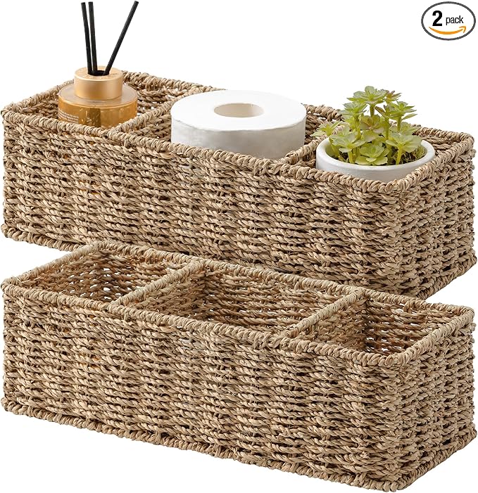 StorageWorks Wicker Toilet Basket Tank Topper, Toilet Paper Basket for Back of Toilet Tank Top, 3-Section Seagrass Storage Baskets for Shelves, 2-Pack