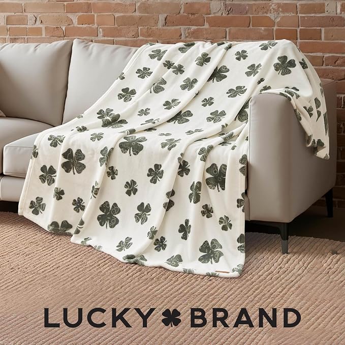 Lucky Brand 50" x 70" Plush Throw Blanket, Clover Ivory Blanket for Sofa or Bed