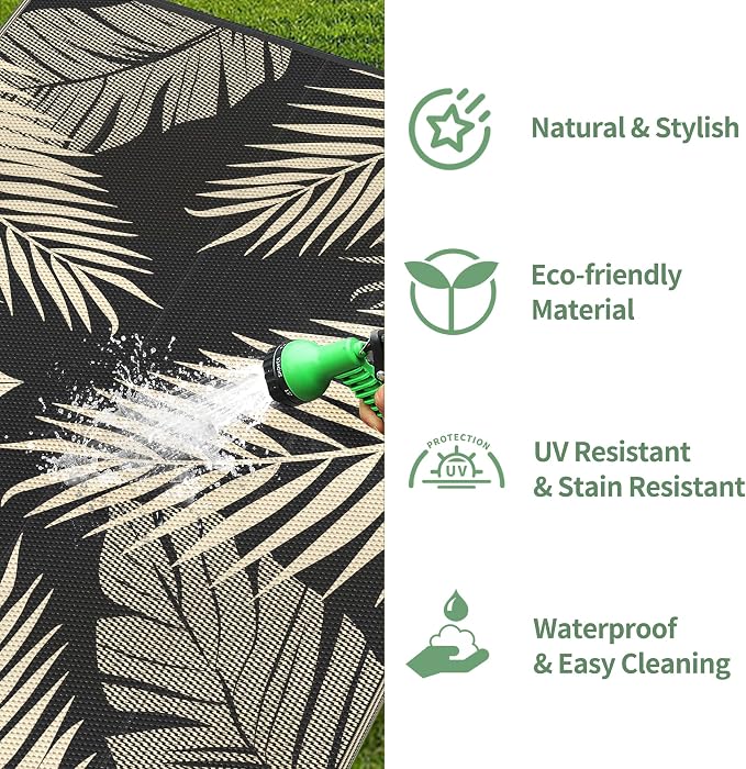 GENIMO Outdoor Rug 5' x 8' Waterproof for Patios Clearance, Reversible Outdoor Plastic Straw Camping Rug Carpet, Large Area Rugs Mats for RV, Picnic, Backyard, Deck, Balcony, Porch, Beach, Black&Beige | Outside Larger Leaf Carpet Mat for Porch Decor, D...