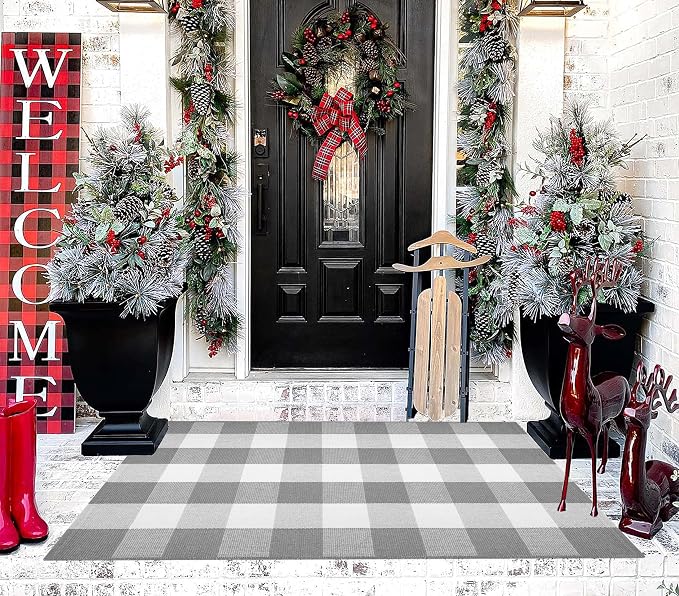 Grey and White Plaid Rug 27.5''x 43.3''Buffalo Checkered Outdoor Layered Door Mat Cotton Woven Machine Washable Farmhouse Mat for Indoor,Outdoor, Kitchen, Farmhouse, Entryway,Bathroom