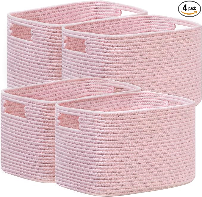 4 Pack Storage Baskets for Organizing, Shelf Baskets with Handles, Pink | 14.5"Lx9.8"Wx9"H, Woven Basket, Cotton Rope Basket, Toy Storage, Cube Shelf, Gift Baskets Empty, Home Decor