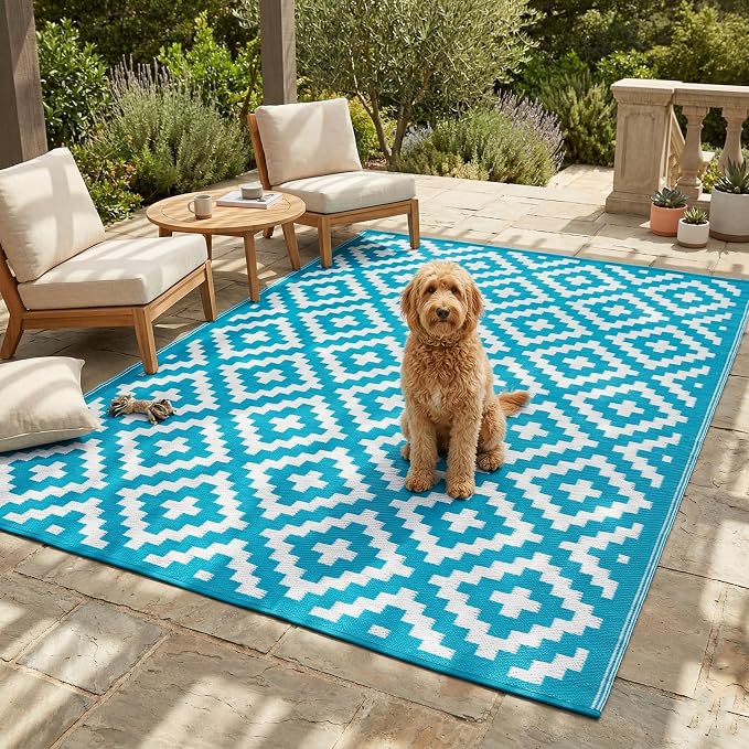 FH Home Outdoor Rug - Waterproof, Fade Resistant, Reversible - Premium Recycled Plastic - Geometric - Porch, Deck, Balcony, Mudroom, Laundry Room, Patio - Aztec - Teal & White Crease Free - 3 x 5 ft