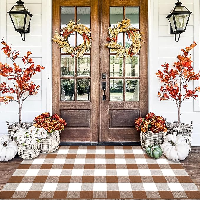 Homydecor Buffalo Plaid Outdoor Rugs, 3'x5' Coffe and White Checkered Area Rug, Layering Rug for Hello/Welcome Door Mat, Washable Cotton Woven Farmhouse Mat for Front Porch Décor