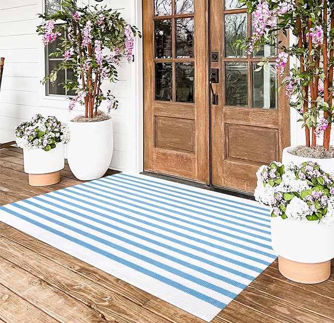 Light Blue and White Outdoor Rug 3'x5',Machine Washable Striped Porch Rug Cotton Woven Farmhouse Front Door Mats for Porch/Entryway/Home Entrance Decor/Bedroom/Laundry Room/Patio/Front Door