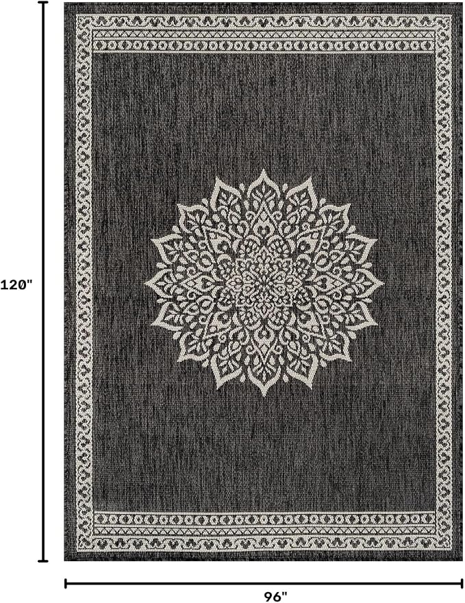 CAMILSON Outdoor Rug 8x10 Medallion Darkgray Modern Area Rugs for Indoor and Outdoor Patios Kitchen and Hallway Mats Washable Porch Deck Outside Carpet (Medallion Darkgray 8 x 10)