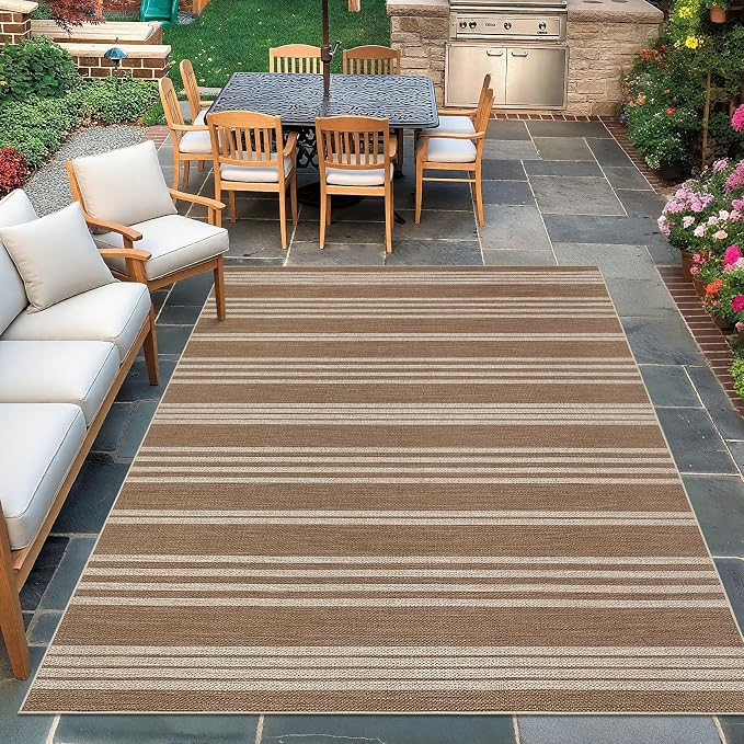 COZYLOOM Large Outdoor Rug 9x12 Rugs for Living Room Striped Easy Jute Rug with Non Slip Backing, Non Shedding Stain Resistant Contemporary Foldable Mats for Bedroom RV Patio, White/Coffee