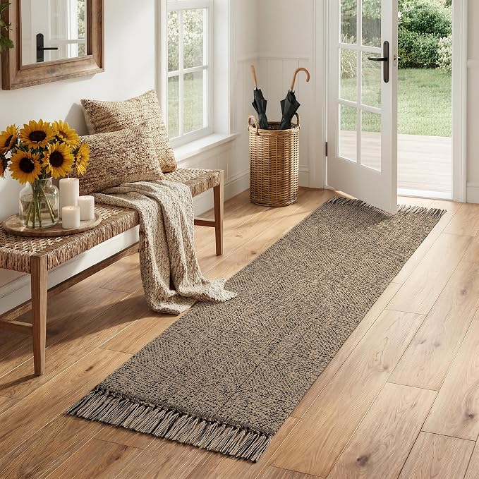Collive Farmhouse Hallway Runner Rug, 2x6 Hand-Woven Reversible Washable Runners for Kitchen Floor, Natural/Black Cotton Laundry Room Rugs Modern Boho Kitchen Sink Carpet for Bathroom Foyer Bedroom