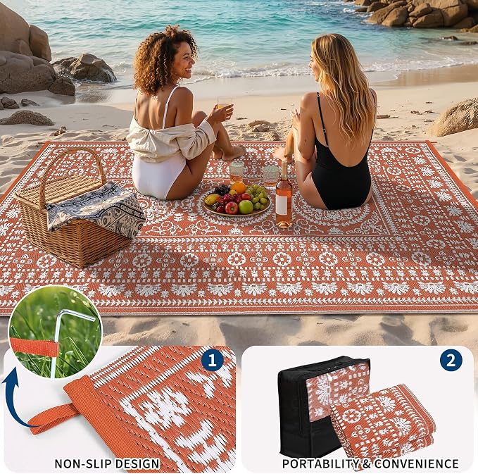 Garvee Reversible Outdoor Rug 9x18 for Patio, Waterproof Outdoor Area Rug, Modern Medallion Indoor Outdoor Rugs, Plastic Straw Rug for RV, Camping, Deck, Vintage Terracotta