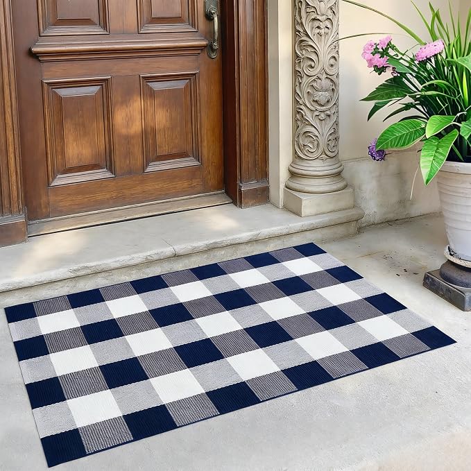 Navy Blue and White Buffalo Plaid Rug 2'4'' x 3'7'', Washable Farmhouse Non-Slip Checkered Doormat, Indoor Outdoor Floor Mat for Living Room, Bedroom, Entryway, Kitchen, Laundry Room