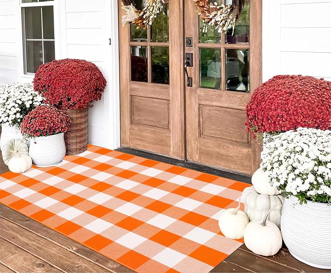 Orange and White Outdoor Rug 3'x5',Farmhouse Checkered Front Porch Rug Woven Washable Front Door Mat Outdoor for Halloween Mat,Bedroom,Entryway,Patio