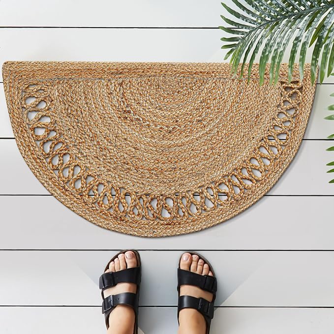 Boho Braided 1.5x3 Area Rug - Jute Natural Fiber Half Circle Rug for Living Room Entryway, Farmhouse, Home, Indoor Rug Jute Door mat for Bathroom, Kitchen (Beige 1.5 X 3 ft)