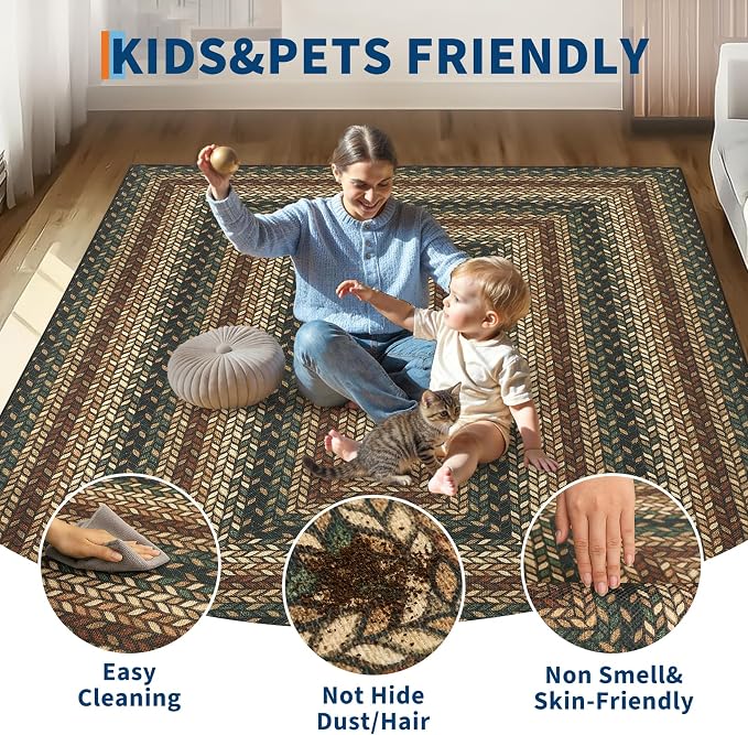 Garvee Indoor Outdoor Rug 8x10 Easy Jute Washable Rug Non Slip Braided-Print Neutral Rugs for Living Room Ultra-Thin Non-Shedding Farmhouse Rugs Foldable Carpet for Bedroom Kitchen Porch Rust/Black