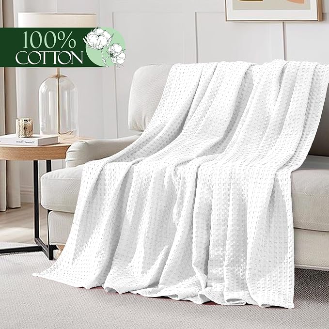 Elegant Comfort Premium 100% Cotton Waffle Blanket - Lightweight Breathable Waffle Weave Bed Blanket - Soft and Warm All Season Blanket for Couch, Sofa and Bed, Full Size 88x88 Inches, White