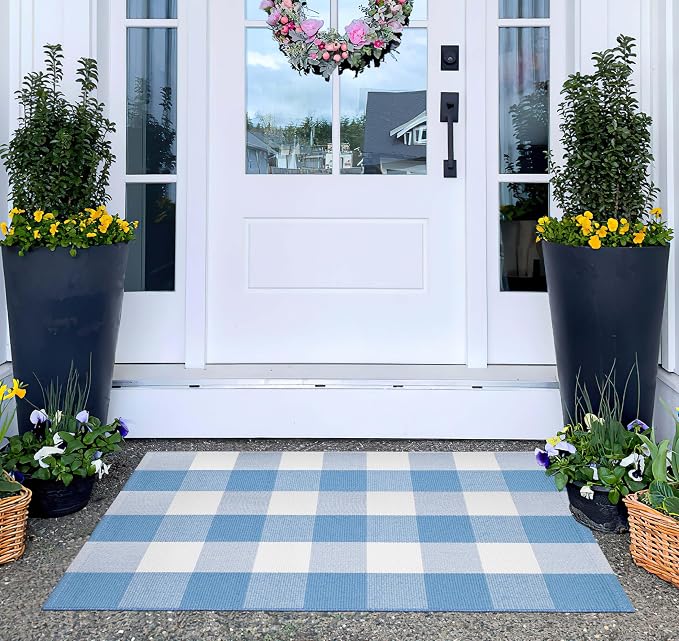 Light Blue and White Front Door Mat 24''X35'' Buffalo Plaid Checked Front Porch Rug Cotton Woven Washable Rug Layering Doormat for Welcome Door Mat Entryway Dining Room Bedroom Living Room