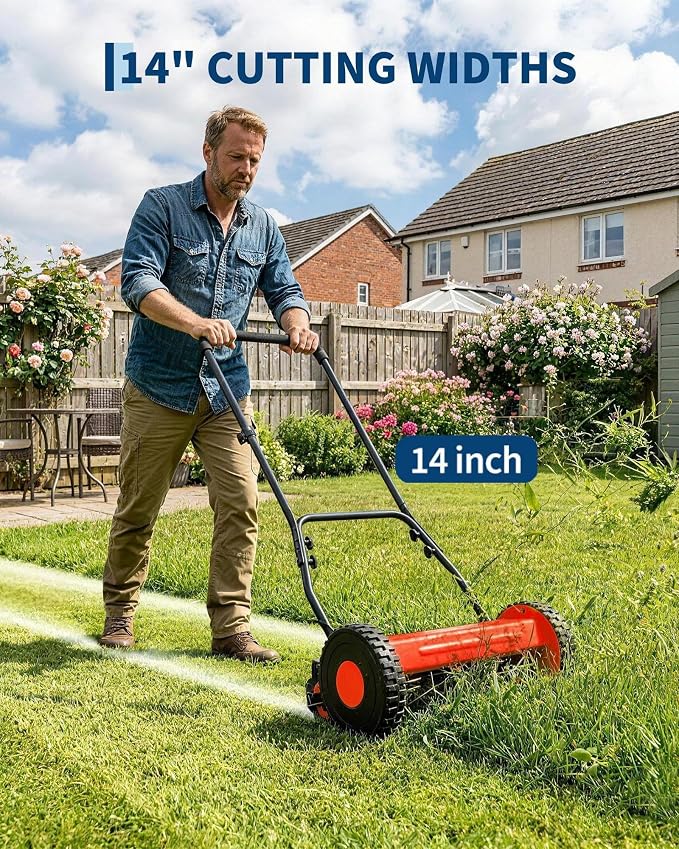 PeakPursuit Manual Push Reel Lawn Mower – 14-Inch 5-Blade, Adjustable Cutting Height, Lightweight, Quiet Operation, Compact Storage, Easy Assembly, Perfect for Small to Medium Yards – Red