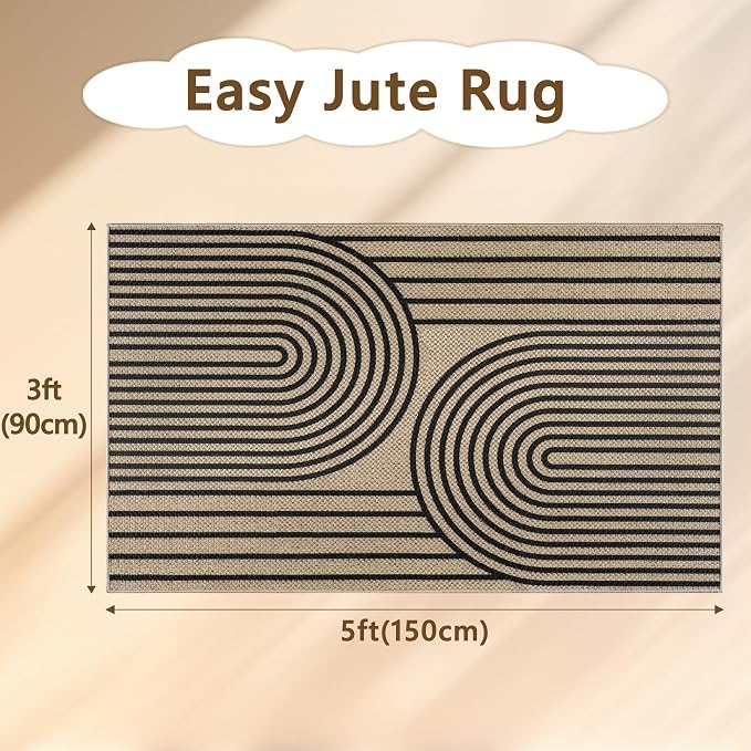 Faux Jute Rugs for Entryway, 3' x 5' Indoor Outdoor Rug, Black Farmhouse Washable Ultra-Thin Non-Slip Area Rug for Foyer, Backdoor, Living Room, Kitchen, Bedroom, Balcony