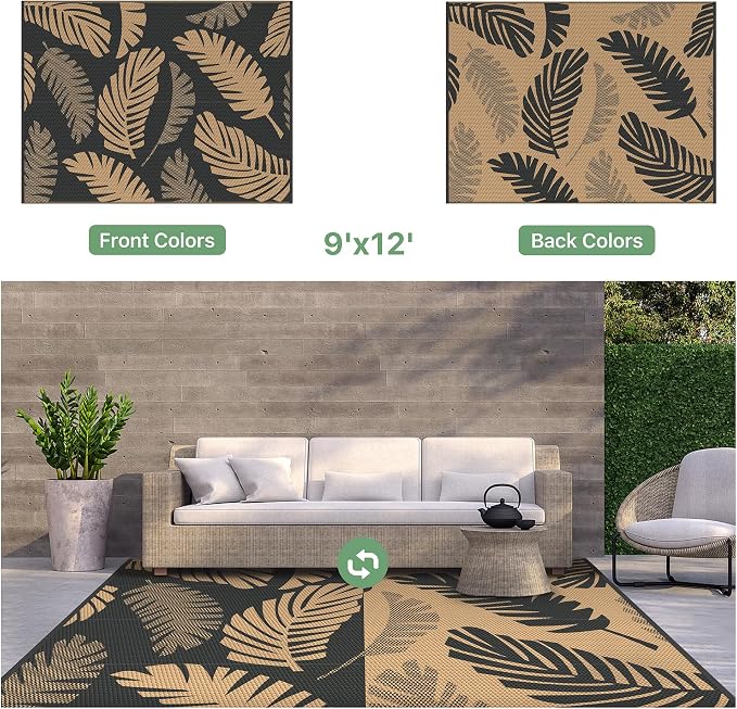 GENIMO Outdoor Rug, Waterproof Plastic Rugs for Patio, 9'x12' Black Brown | Outside Larger Leaf Carpet Mat for Porch Decor, Deck, Balcony, Camping, RV, Backyard, Picnic, Beach, Reversible, Foldable