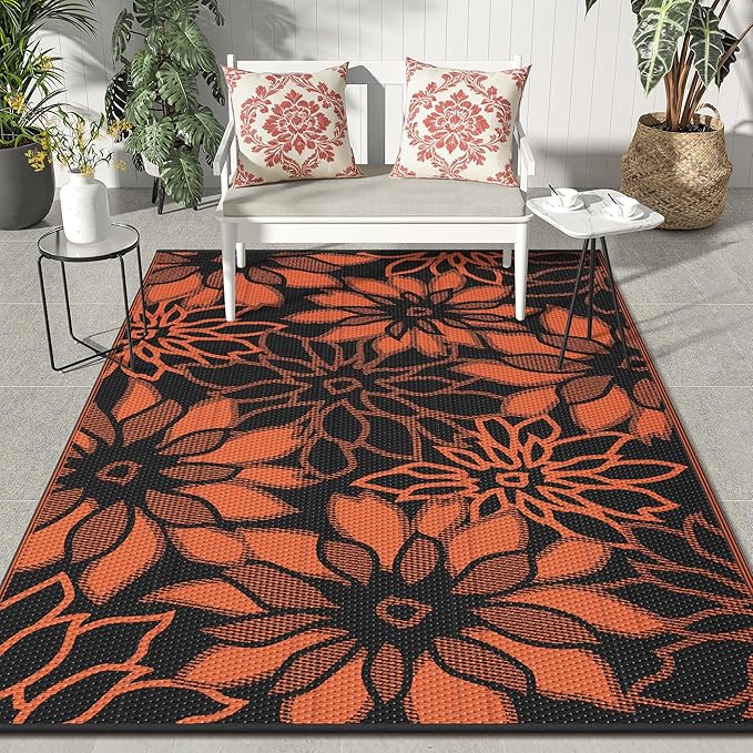 GENIMO Outdoor Rug Waterproof for Patio Decor, 6' x 9' Reversible Plastic Straw Floral Camping Carpet, Large Area Rugs Mats for RV, Camper, Deck, Balcony, Porch, Beach, Picnic, Black & Orange