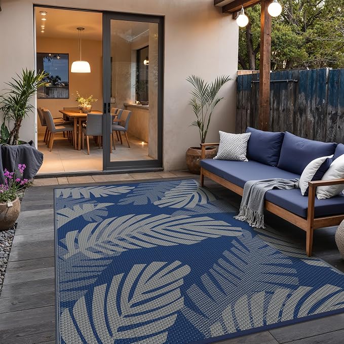 GENIMO Outdoor Rug, Waterproof Plastic Rugs for Patio, 9'x12' Blue Grey | Outside Larger Leaf Carpet Mat for Porch Decor, Deck, Balcony, Camping, RV, Backyard, Picnic, Beach, Reversible, Foldable
