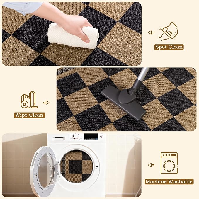 4x6 Outdoor Rug, Jute Checkered Rugs, Patio, Entryway, Balcony Porch Carpet | Washable Indoor Plaid Carpets, Bedroom Kitchen Rug, Non Slip Farmhouse Neutral Laundry Office Floor Mat, Black and Brown