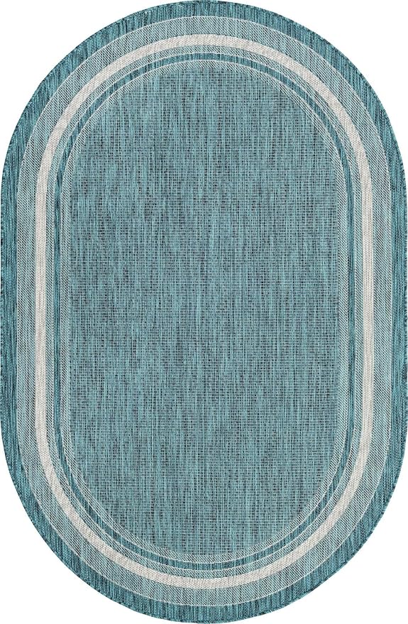 Unique Loom Outdoor Border Collection Area Rug - Soft Border (5' 1" x 8' Oval, Teal/ Ivory)