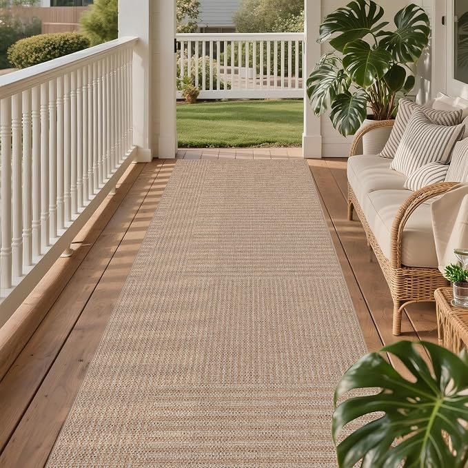 Non-Slip Jute Rug for Entryway: 2.5x8 Outdoor Mat - Beige Stripes | Safe Walking for Family All Day and Help with Cutting Slip Falls by 70%