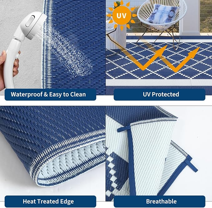 Outdoor Rug 8x10ft Waterproof Reversible Modern Geometric Plastic Straw Patio Carpet UV-Resistant Easy Clean Lightweight Collapsible Area Rug for Garden Deck RV Picnic Porch