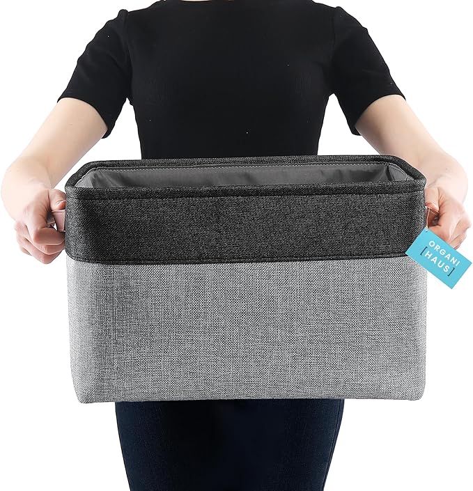 OrganiHaus 16x12.5in Storage Baskets, 3 Pack - Fabric Bins for Shelves | Vegan leather handles; a decorative linen closet organizer, towel and clothes container