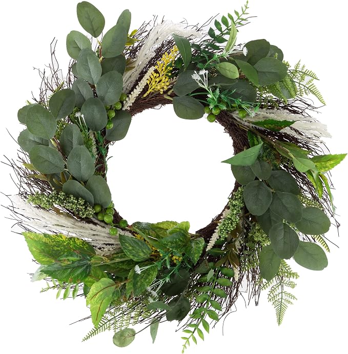 Sweet Anne Eucalyptus Wreath - 22-Inch Artificial Spring, Summer, or Fall Wreath for Home Decor - Wreaths for Indoors or Covered Patio by Pure Garden