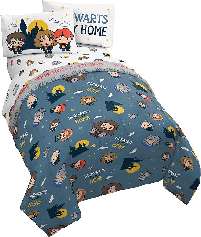 Jay Franco Harry Potter is My Home 5 Piece Full Bed Set - Bedding Features Harry, Ron, Hermoine, Hagrid, and Dumbledore | Hogwarts, Bed in a Bag, Comforter Sheets Pillowcases, Official Product, Soft Microfiber, Machine Washable, Kids Gift